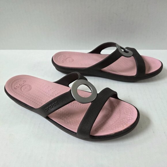 Crocs Sanrah Circle Slides Womens 6 Brown Pink Slip On Sandals - Picture 6 of 9